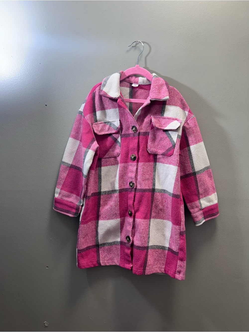 SHEIN Pink Plaid Button-Front Kids Shacket